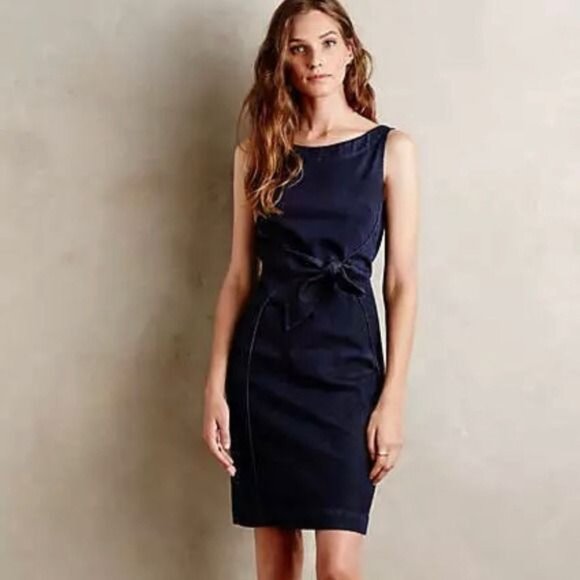 Anthropologie Ribboned Denim Dress Navy Blue Sheath Sleeveless with Waist Tie - Picture 2 of 8